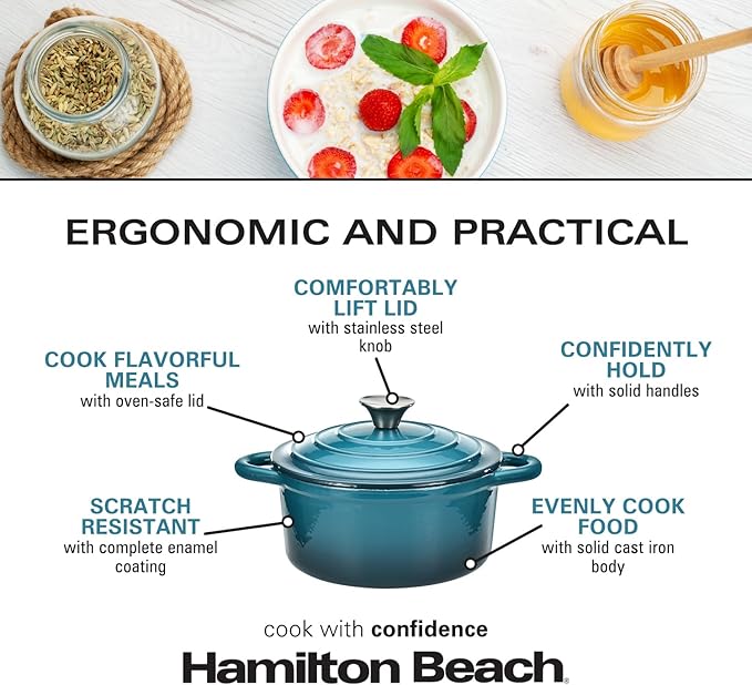 Hamilton Beach 3-Quart Enameled Cast Iron Dutch Oven, Navy with Cream Interior | Even Heat Distribution & Easy-Grip Handles | Ideal for Braising, Roasting,Stewing & Bread Baking