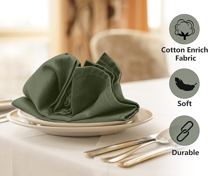 Ruvanti Cloth Napkins set of 12, 18x18 Inches Napkins Cloth Washable, Soft, Durable, Absorbent, Cotton Blend. Table Dinner Napkins Cloth for Hotel, Lunch, Restaurant, Weddings, Parties - Martini Olive
