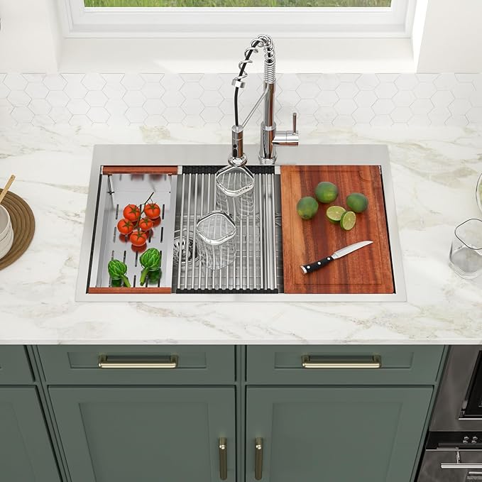 Logmey 33x22 Drop In Kitchen Sink Double Bowl 60/40 Sinks - 33 inch Workstation Sink Low Divide 60/40 Double Stainless Steel Ledge Sink Topmount 9" Deep Kitchen Sink