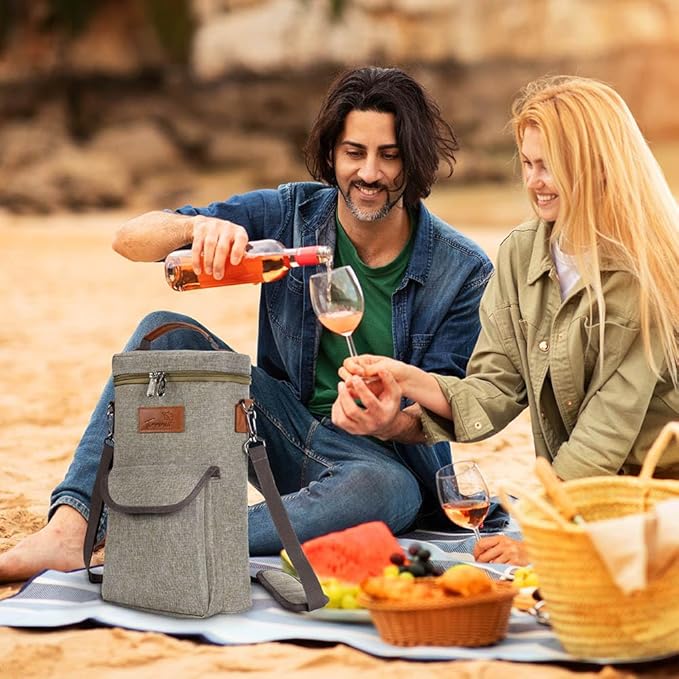 Tirrinia 2 Bottle Wine Gift Tote Carrier - Leakproof & Insulated with large pockets Wine Cooler Bag for Travel, Wine Tasting, Party, Dinner, Great Gift for Wine Lover