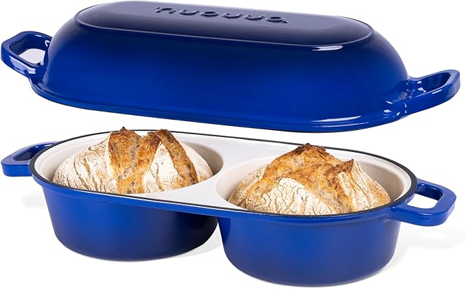 Dutch Oven For Sourdough Bread Baking – Enamelled Cast Iron Bread Loaf Pot – 500°F Oven Safe Non Stick Bread Pot – Double Round Loaf Space, 16.5cm Diameter, Dark Blue, – by Nuovva