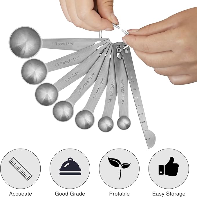 Measuring Spoons, Stainless Steel Measuring Cups Set Ruler & Scraper, 3/4 TSP, 1/8 TSP, 1 TSP, 1/4 TSP, 1/2 TSP, 1/2 Tbsp & 1 Tbsp Small Tablespoon and Leveler for Kitchen Cooking and Baking