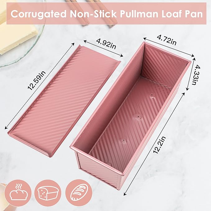 Premium Pink 13-inch Pullman Loaf Pan with Lid - Perfect for Baking Professional-Grade Sandwich Bread, PFOA & PTFE Free, Healthy & Stylish Non-Stick Bread Loaf Pan for Homemade Bread