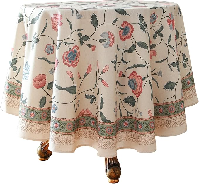 French Tablecloth for Round Tables,Linen Table Cloth with Pink Flowers and Leavs Pattern,Heavy Durable Table Cover for Dining Thanksgiving Kitchen Decor Party Christmas,Diameter 55"