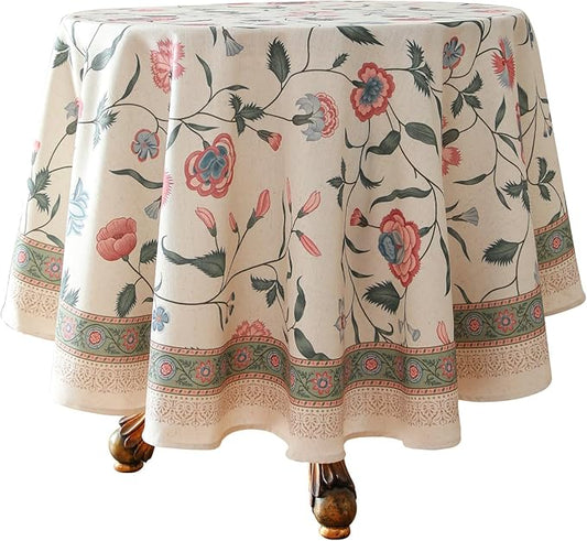 French Tablecloth for Round Tables,Linen Table Cloth with Pink Flowers and Leavs Pattern,Heavy Durable Table Cover for Dining Thanksgiving Kitchen Decor Party Christmas,Diameter 67"