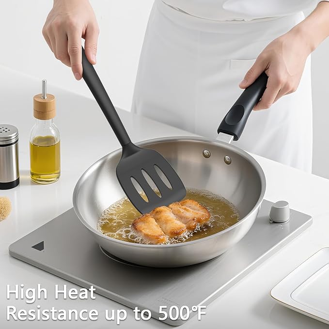 Coukre 3 Pack Silicone Spatula Set, High Heat Resistant, BPA-Free, Fish Spatula, Solid & Slotted Turner for Non-Stick Pans, Flipping Eggs, Pancakes, Fish, Burgers (3, PureBlack)