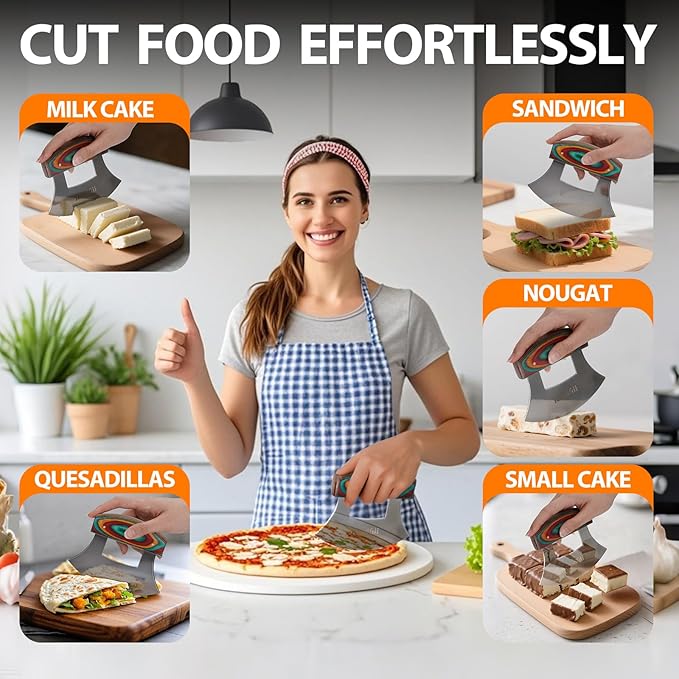 Pizza Cutter Rocker Knife, Sharp Ulu Knife with Wooden handle, Stainless Steel Blade Mincing Knives with Colored Wood Stand