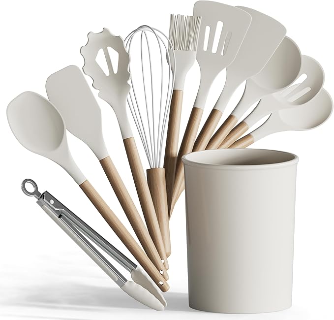GOURMETIFIC® Silicone Cooking Utensils Set [12-PIECE] - Non Toxic & Food Grade Kitchen Utensil Set - High End Wood Handle - Heat Resistant Gadgets for Safe Meal Preparation, Baking & Frying (BEIGE)