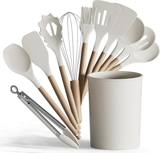 GOURMETIFIC® Silicone Cooking Utensils Set [12-PIECE] - Non Toxic & Food Grade Kitchen Utensil Set - High End Wood Handle - Heat Resistant Gadgets for Safe Meal Preparation, Baking & Frying (BEIGE)