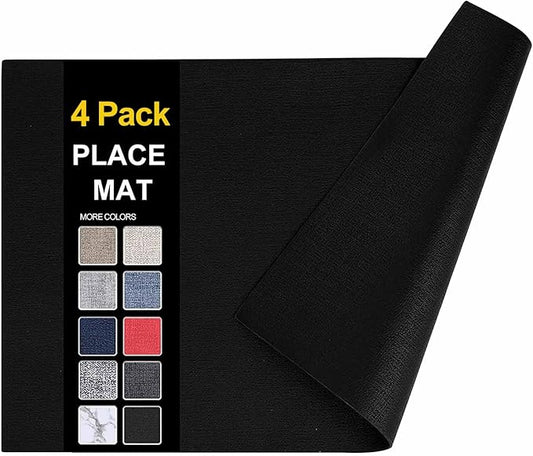 homing Faux Leather Heat Resistant Placemats 4 Packs, Waterproof Wipeable Dining PU Place Mats for Indoor & Outdoor, Easy to Clean, Black