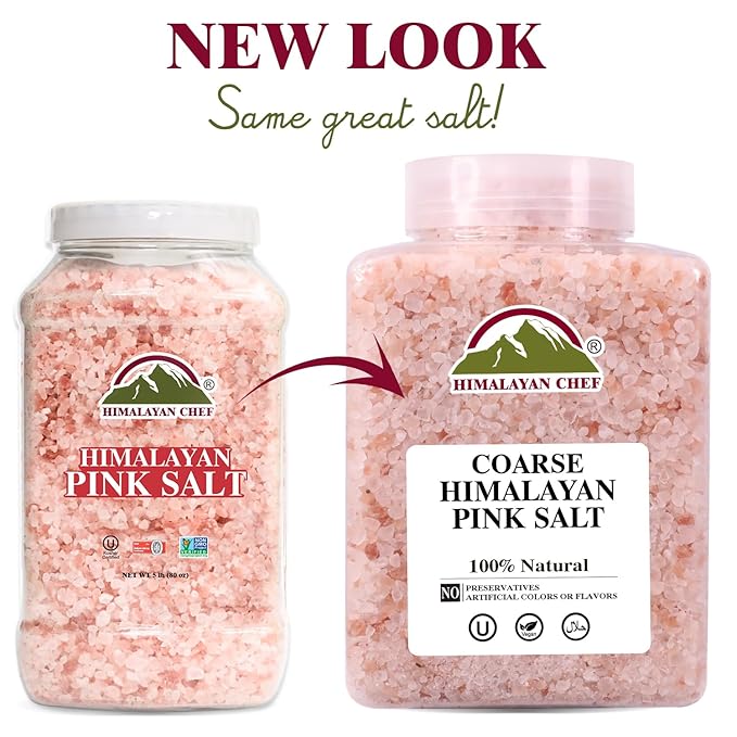 Himalayan Chef Pink Himalayan Salt Coarse Grain, 5 lbs Plastic Jar - Pure, Natural, Kosher, Mineral-Rich, Ideal for Grinder Refills, Cooking, Seasoning