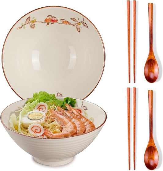 2 x 40 OZ ceramic ramen bowls, 8 IN large Japanese noodle soup bowl, match chopsticks and spoons, suitable for Pho, Udon Asian noodles (Flowers and birds 2 set)