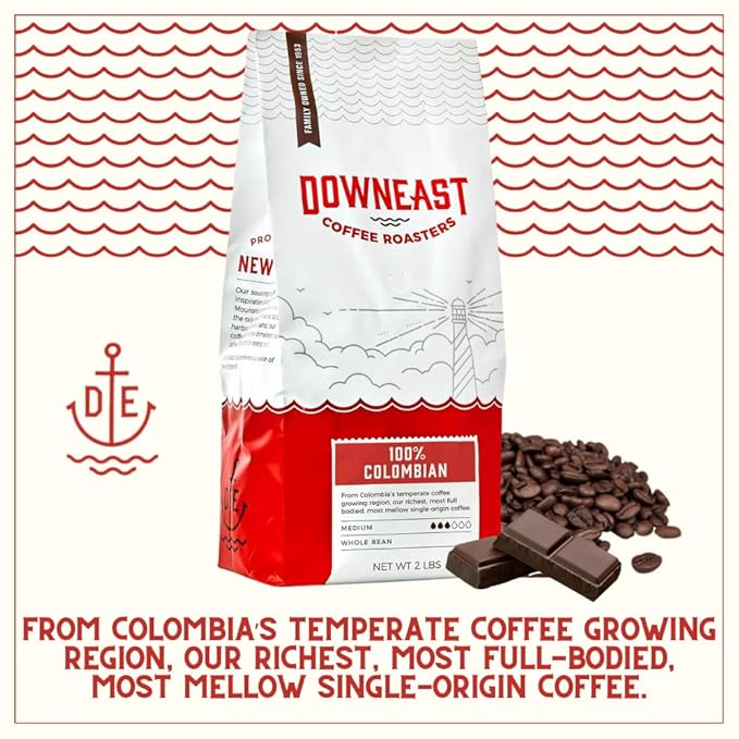 Downeast Coffee Roasters Whole Bean Coffee - 100% Colombian, Medium Roast, 100% Arabica Coffee - Dark Chocolate - Select Central and South American Highlands Ground (2lb Bag, Pack of 6)