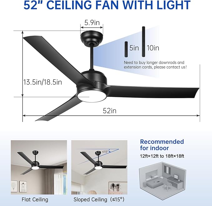 52 Inch Black Ceiling Fan with Filters Lights Remote Control, Quiet DC Motor/Dimmable 3 Colors LED/6 Speed High CFM/3 Blade Indoor Ceiling Fans with Light for Bedroom Living Room Porch