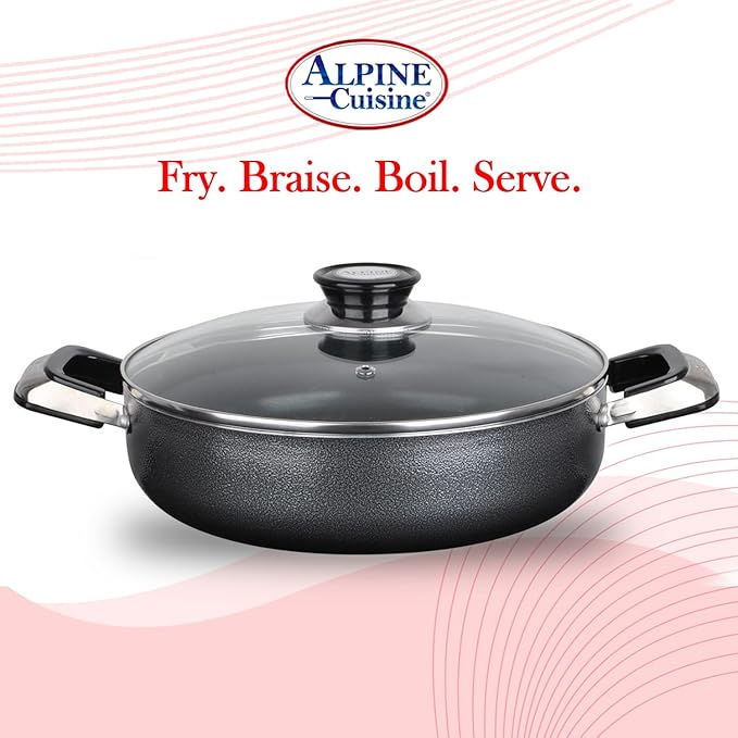 Alpine Cuisine 3.2 Quart Non-stick Caldero Stock Pot with Tempered Glass Lid and Carrying Handles, Multi-Purpose Cookware Aluminum Low Pot Dutch Oven for Braising, Boiling, Stewing