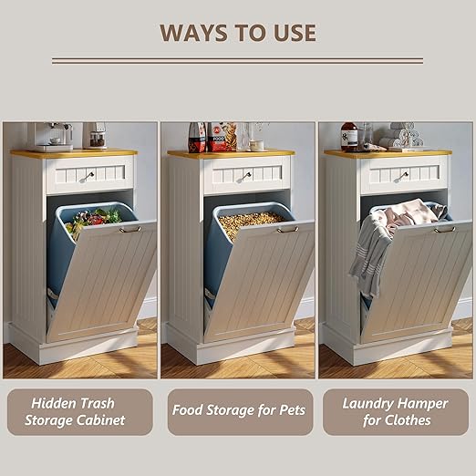 Tilt Out Trash Bin Cabinet Dog Proof Trash Can Holder Kitchen Island Without Garbage Bin or Tilt Out Laundry Hamper (White)