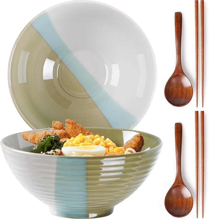 NUTRIUPS Set of 2 Ceramic Ramen Bowls with Spoons & Chopsticks, 40oz Large Soup Bowls for Udon, Miso, Noodles (Tri-Color Modern)