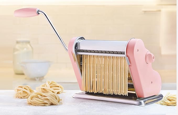 PASTALINDAClassic 200 Pasta Maker Machine, 20 cm Wide Rollers, 9 Thickness Positions, 2 Cutting Positions, Stainless Steel. Includes Reinforced Hand Crank And Two Clamps (Pink)