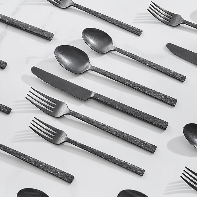 KINGSTONE 40 Pcs Black Hammered Silverware Set for 8, 18/10 Stainless Steel Heavy Duty Flatware Set, Tableware Cutlery Utensil Sets for Home Restaurant Dishwasher Safe