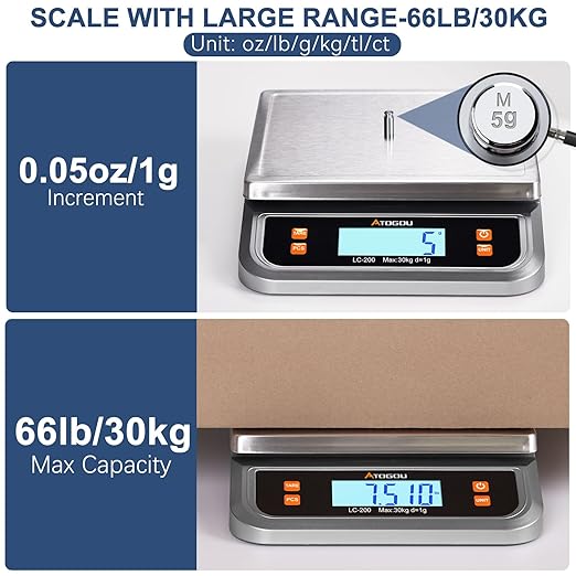 Atogou 66lb Food Scale, Commercial Kitchen Scale Plug-in Usable with Full View LCD Display, Stainless Steel, for Baking, Bread, Cooking, Meat, Vegetables, Farm, Industry LC200 Grey