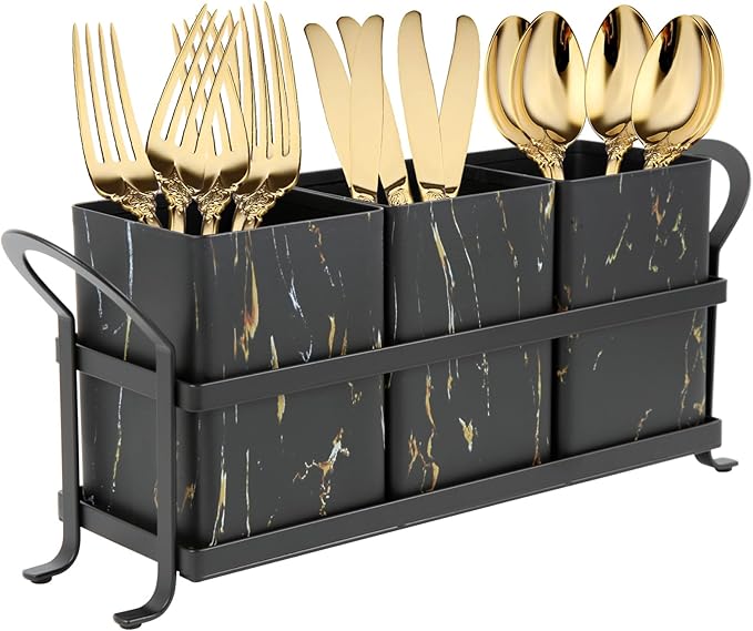 Kitchen Utensil holder for Countertop, Silverware Caddy,Golden Marble Black Flatware Holder Utensil Cutlery Organizer for Party Gatherings, Metal and Durable Design