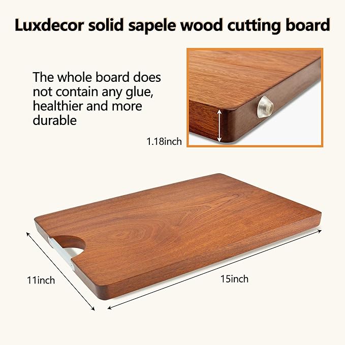 Solid Wood Cutting Board One Piece Cutting Boards Made of Entire Piece Sapele Wood, Hardwood Cutting Board Heavy Duty 15 * 11 * 1 In (No Glue)
