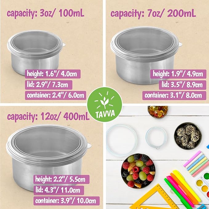 TAVVA 2 X 12oz Stainless Steel Containers with Lids - Leakproof w/Silicone Lids - BPA Free - Dishwasher & Freezer Safe - Portable & Reusable - Stainless Steel Storage Food Snack Containers