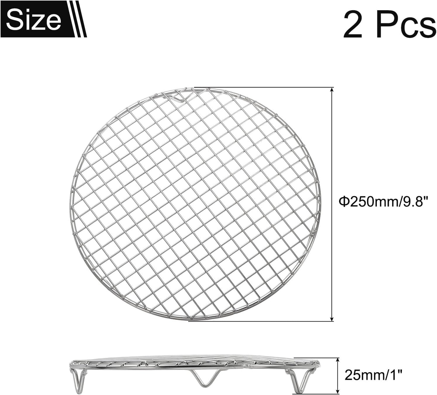 uxcell 2 Pcs Round Cooking Rack with Legs, Dia 9.8 Inch 304 Stainless Steel Barbecue Grill for Cooking Baking Barbecue Air Fryer Racks, Silver