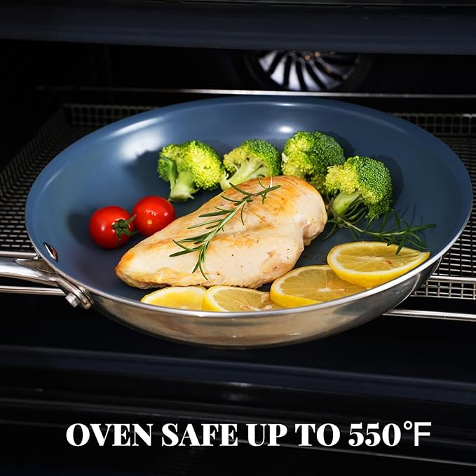 Stainless Steel Nonstick Frying Pan,8 Inch Healthy Non Toxic Ceramic Coating Cookware Works on Induction, Electric Stove and Gas Cooktops,PTFE PFAS PFOA Free Skillet,Dishwasher&Oven Safe