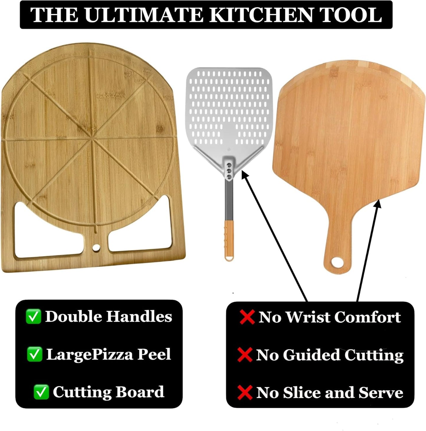 2-in-1 Wooden Pizza Peel & Bamboo Cutting Board | Dual Grip Pizza Paddle Board for Baking, Pizza Spatula & Large Cutting Board for Pizza | Pizza Turning Peel for Baking Accessories, 17" X 13.5"'