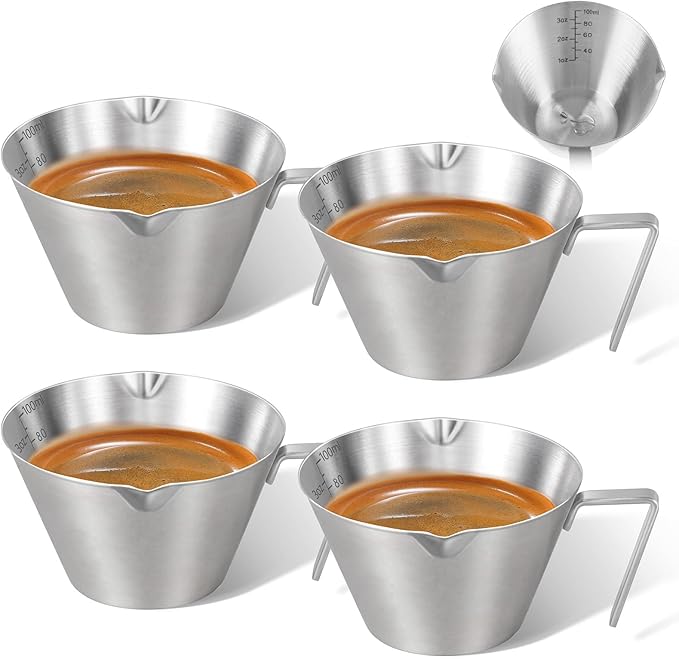4Pcs Stainless Steel Espresso Cups, Double Spout Metal Espresso Measuring Cup with Handle, Dual Scale Espresso Shot Cup with V-Shaped Mouth, 3.4oz/100ml (Silver)
