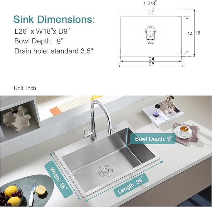 26 inch Kitchen Sink Single Bowl - 304 Stainless Steel Drop in Bar Sink Handmade with Basket Strainer, TopMount Modern Sinks with Centered Drain, 26×18×9 inch