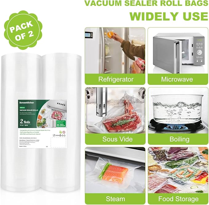 Bonsenkitchen Vacuum Sealer Bags, 11 in x 50 ft Rolls 2 Pack Seal Bags for Food Storage Saver, BPA Free, Commercial Grade Textured Food Roll Bags, Customized Size Bag for Sous Vide Cooking,VB3210