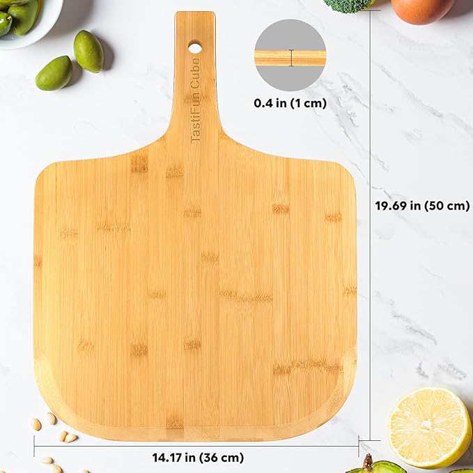 Pizza peel, 14" natural bamboo pizza paddle, Essential accessories for indoor Outdoor Ovens, baking homemade pizza, cutting board, Cheese, Serving Pizza, Bread, Cookies & More, Eco-Friendly & Durable