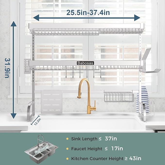 Over The Sink Dish Drying Rack,3 Tier Adjustable Length (25.5'' to 37.4'') Full Stainless Steel Large Storage Kitchen Dish Rack,For Kitchen Counter Expandable Multifunctional Organizers,Silver