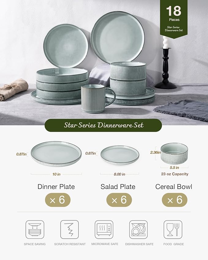 famiware Star Plates and Bowls Sets, Modern Stoneware Dinnerware Sets for 6, 18-Piece Kitchen Dish Set - Chip and Scratch Resistant, Microwave and Dishwasher Safe Tableware, Smoky Blue