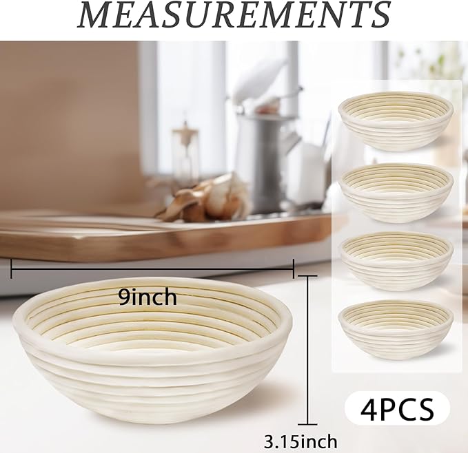 Rattan Proofing Basket Round - 4 Pack 9 Inch Natural Release Handwoven Design with Removable Linen Liners - Easy Clean for Sourdough Beginner Homemade Bread