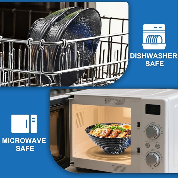 8-Inch Ceramic Ramen Bowl Set of 4 (17 Piece) - Porcelain Japanese Salad Noodles Cereal Fruit Pasta Soup Large Bowls with Recipes Chopsticks Forks Spoons for Men Women Gift Microwave Dishwasher Safe