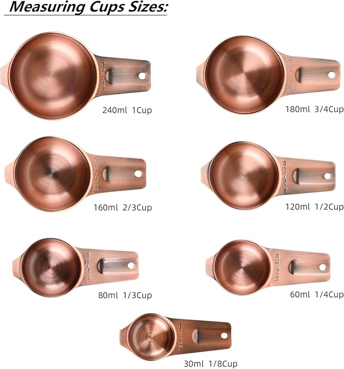 Measuring Cups and Spoons Set, Copper Plated Measuring Cups Spoons, Stainless Steel 7 Measuring cups and 9 Measuring Spoons 1 Leveler for Baking and Kitchen, Metal Copper Measure Cups&Spoons
