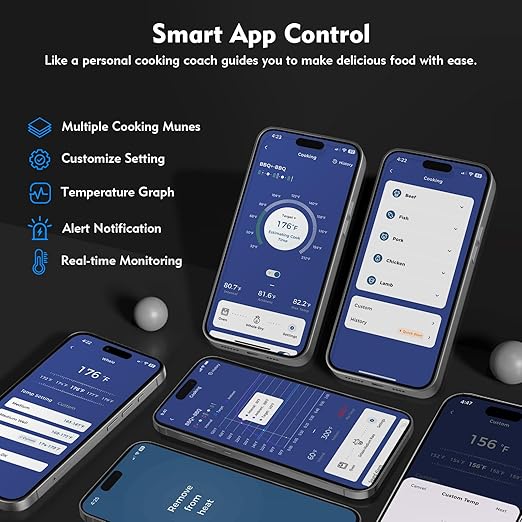 Aurasky Unique Wireless Meat Thermometer, Accurate Temperature Detection Probe, 500FT Remote Monitoring, Dual Alarm, Cooking Meat Thermometer Wireless for Grilling, Smoking, Oven, BBQ, Rotisserie