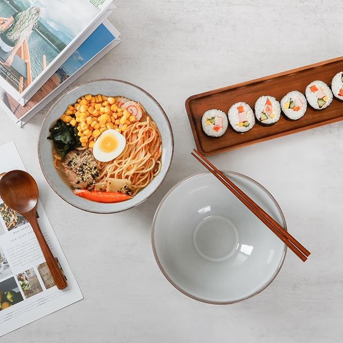 NUTRIUPS Set of 2 Ceramic Ramen Bowls with Spoons & Chopsticks, 40oz Large Soup Bowls for Udon, Miso, Noodles (Classic Stone Gray)