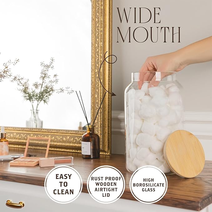 Large 1 Gallon Glass Large Jar with Airtight Bamboo Lid - High Borosilicate Canister for Kitchen Food Storage Organizing, Terrarium, Pantry Decorative Container & Laundry Room - Pack of 2