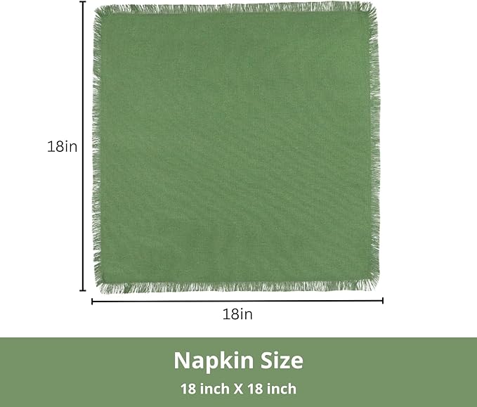 PurpleEssences Cloth Napkins with Fringes, 100% Cotton Christmas Holiday Winter Table Decor, Set of 6 18x18 Inch Reusable Dinner Napkins for Parties and Weddings - Sage Green