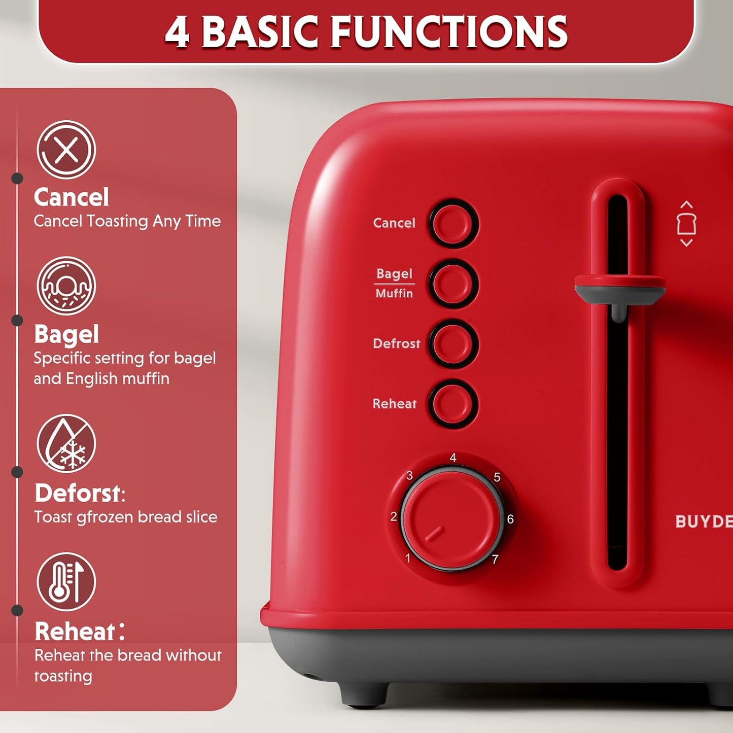 BUYDEEM DT620 2-Slice Toaster, Extra Wide Slots, Retro Stainless Steel with High Lift Lever, Bagel and Muffin Function, Removal Crumb Tray, 7-Shade Settings,Red