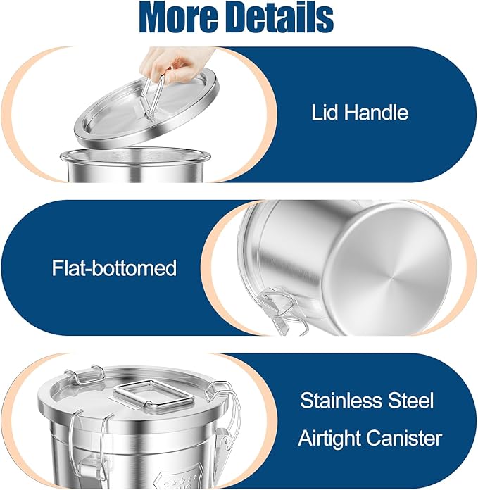 304 Stainless Steel Airtight Canister for Kitchen, 1.6Gal Stainless Steel Food Storage Containers with Lids and Sturdy Locking Clamp, Air Tight Containers for Flour Grain Coffee Bean Sugar Tea, 6L