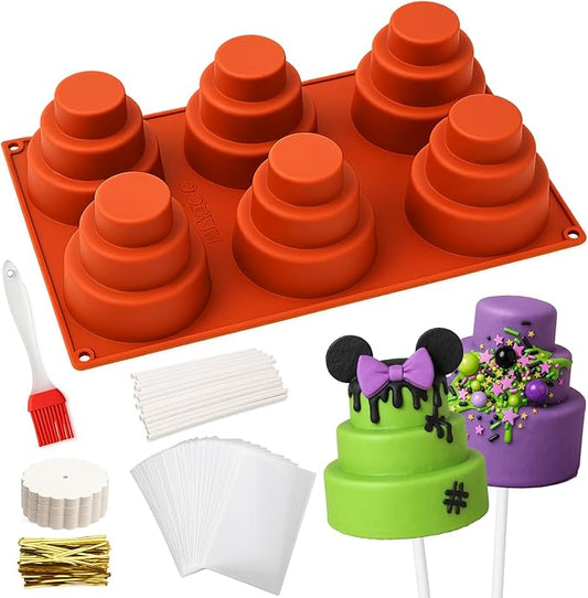 Silicone Cake Pop Molds with 100 Sticks & Parcel Bags, 6 Cavity Reusable Cakesicle Molds for Baking, Lollipops, Ice Cream, DIY Desserts, Cake Pop Maker Kit Easy Release & Dishwasher Safe