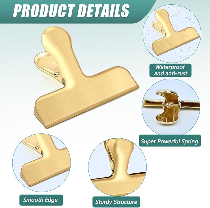 Bag Clips, 10 Pack Stainless Steel Chip Clips for Food, Food Clips Heavy Duty Clamp Clips Kitchen Clips Snack Clips for Office Kitchen Home, Gold