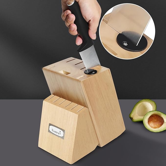 Kuisine Kitchen Knife Set,High Carbon Stainless Steel Ultra Sharp Blade Ergonomic Handle,Knife Set with Block Built-in Sharpener(15PCS,Black)