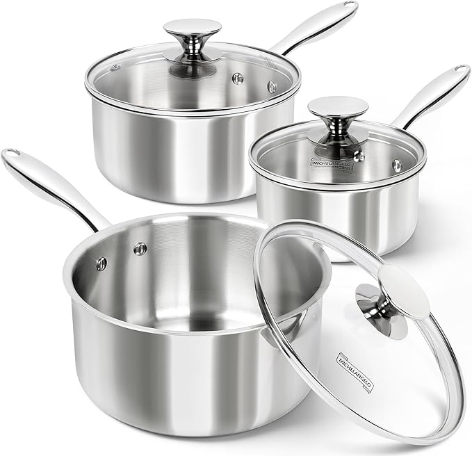 MICHELANGELO Triply Stainless Steel Saucepan Set with Lids 6pcs, Stainless Steel Pot Set, Kitchen Pot Set Induction Compatible, 1QT & 2QT & 3QT