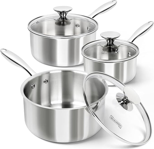 MICHELANGELO Triply Stainless Steel Saucepan Set with Lids 6pcs, Stainless Steel Pot Set, Kitchen Pot Set Induction Compatible, 1QT & 2QT & 3QT
